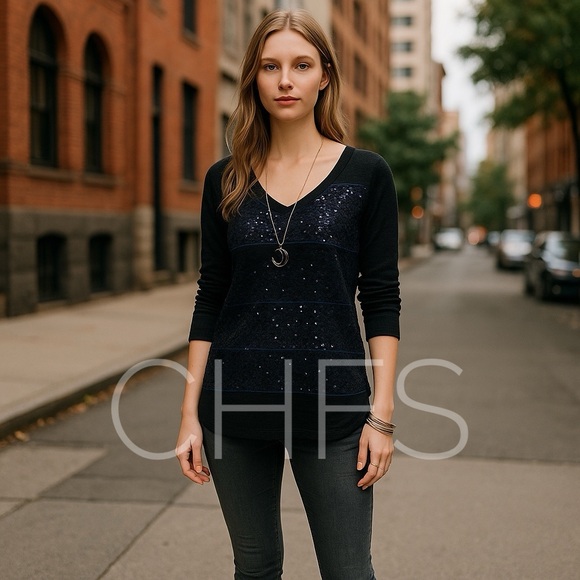 Free People Sweaters - FREE PEOPLE Tunic Top knit sequin black navy Whimsy Goth Grunge Disco Sz Small